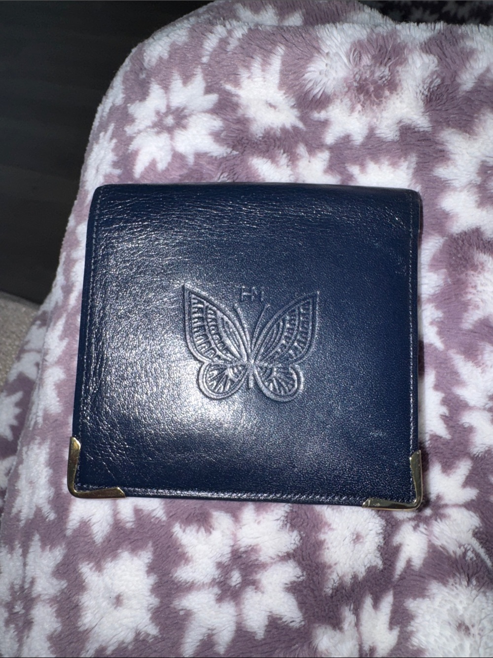 Hanae Mori Navy Leather Wallet with Embossed Butterfly